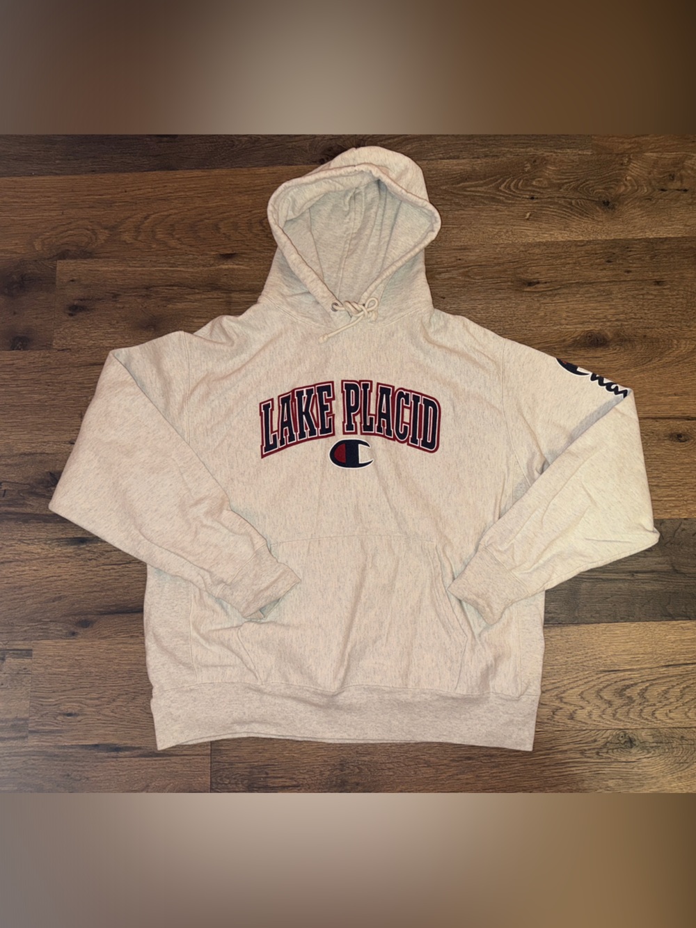 Champion Lake Placid Hoodie in Heather Gray with Navy and Red Logo